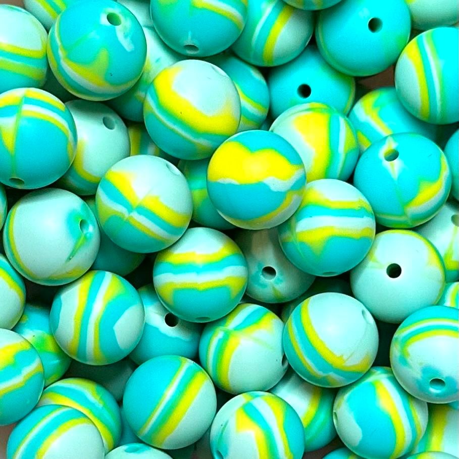 15 mm Printed Silicone Bead, Aqua Swirl