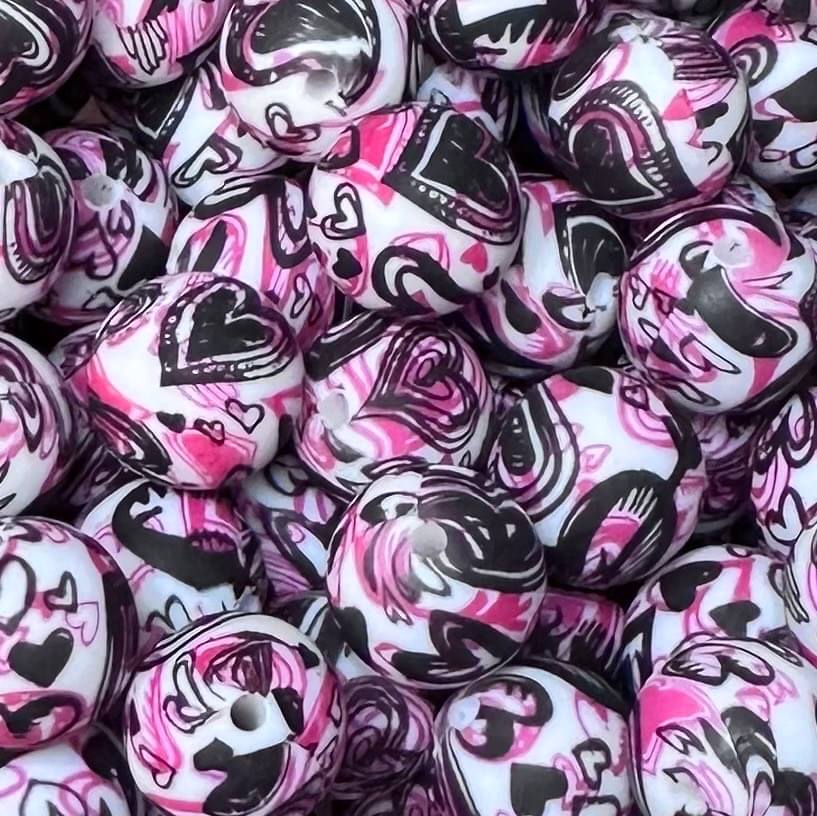 15 mm Printed Silicone Bead, Love Graffiti