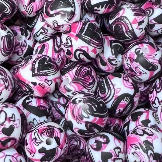 15 mm Printed Silicone Bead, Love Graffiti