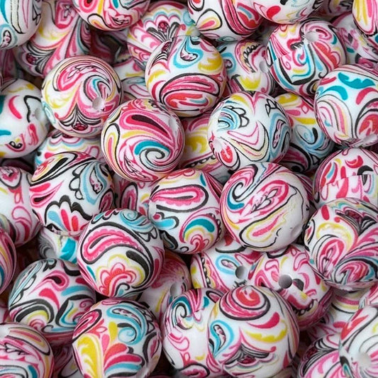 15 mm Printed Silicone Bead, Paisley