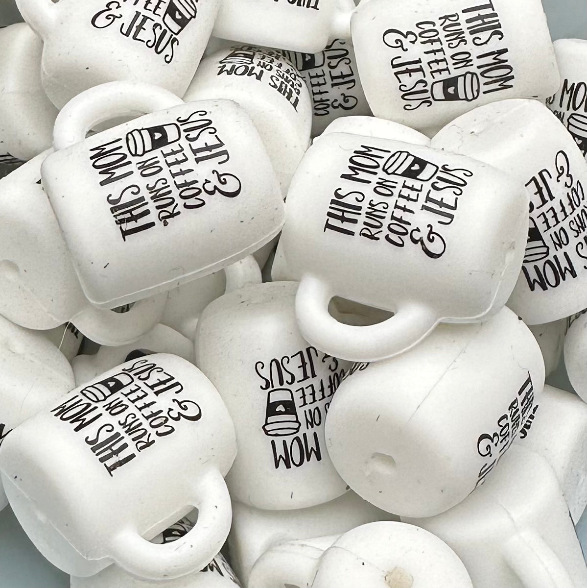 Focal Bead, Silicone Coffee Cup Bead, This Mom Runs on Coffee and Jesus