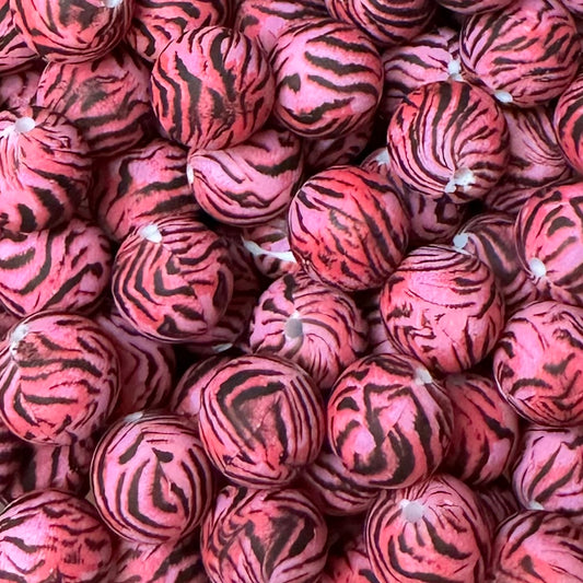 15 mm Printed Silicone Bead, Pink Zebra