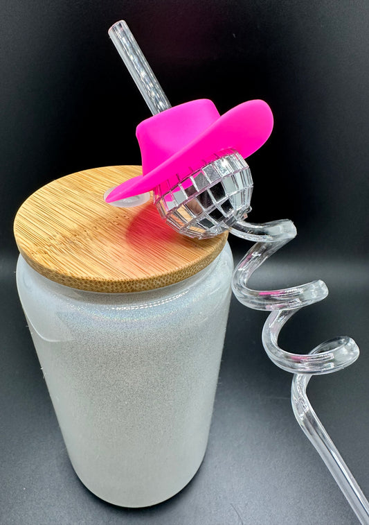 Hot Pink Hat Disco Ball Twisty Straw