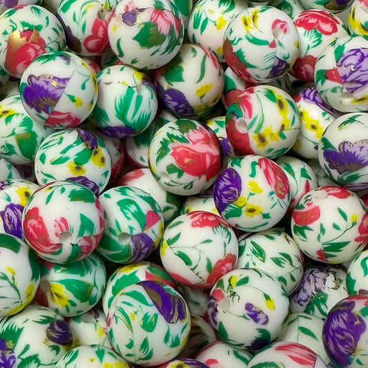 15 mm Printed Silicone Bead, Bright Floral