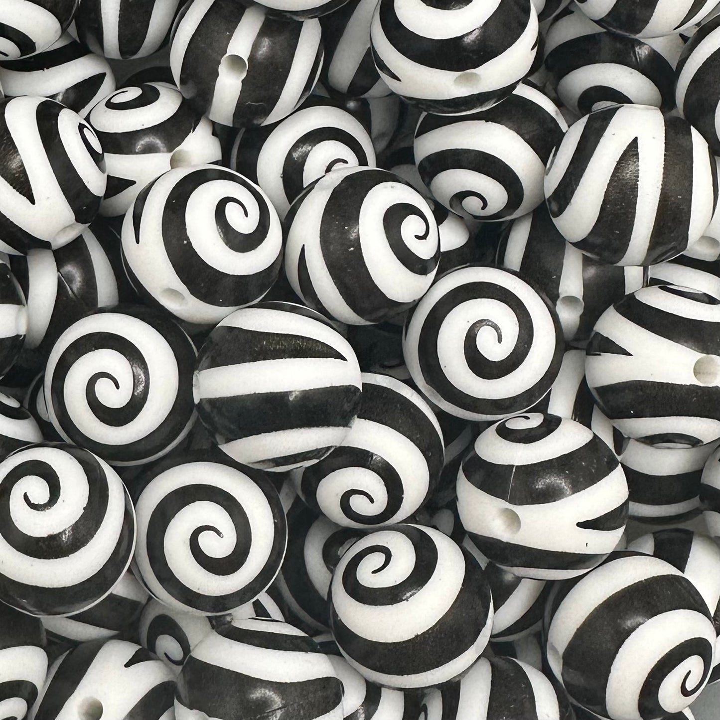 15 mm Printed Silicone Bead, Black Swirl