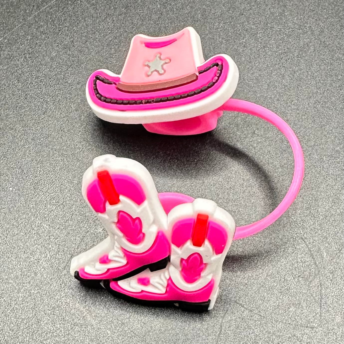 Double Decorative Silicone Straw Cap, Pink Cowboy