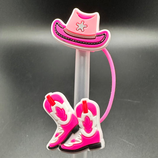 Double Decorative Silicone Straw Cap, Pink Cowboy