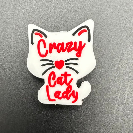 Focal Bead, Crazy Cat Lady-Red on White