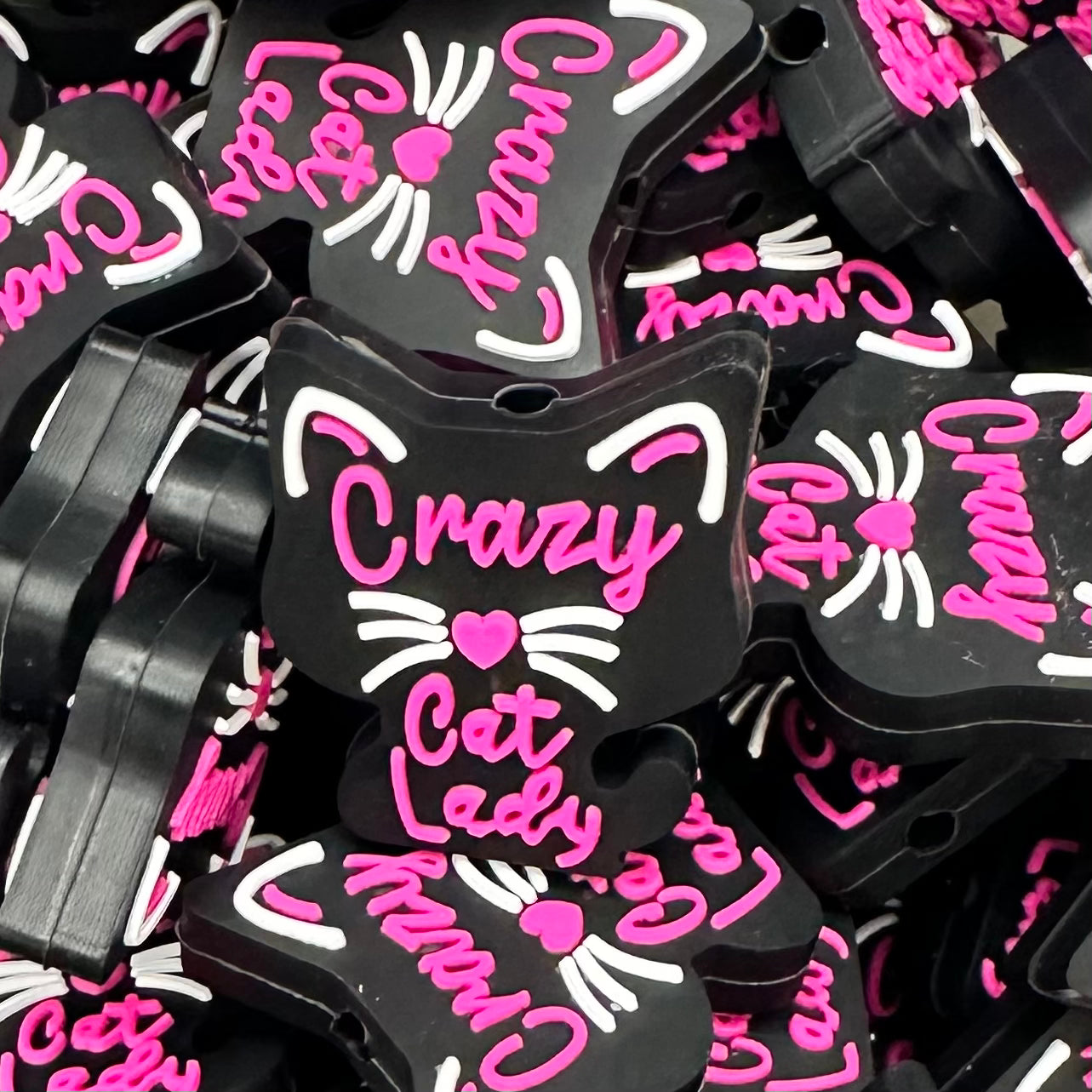 Focal Bead, Crazy Cat Lady-Pink on Black