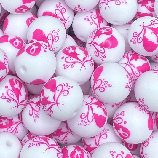 15 mm Printed Silicone Bead, Breast Cancer Heart