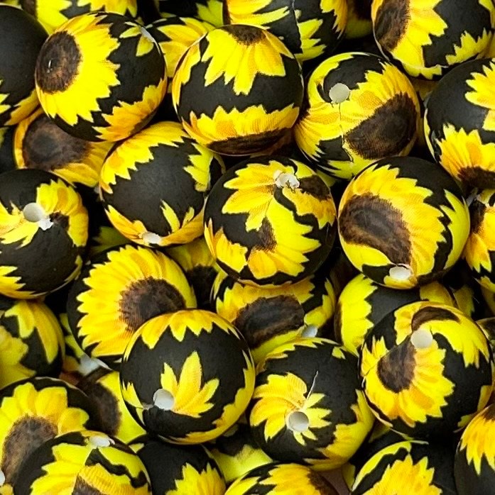 15 mm Printed Silicone Bead, Sunflower