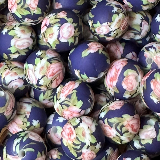 15 mm Printed Silicone Bead, Dark Floral