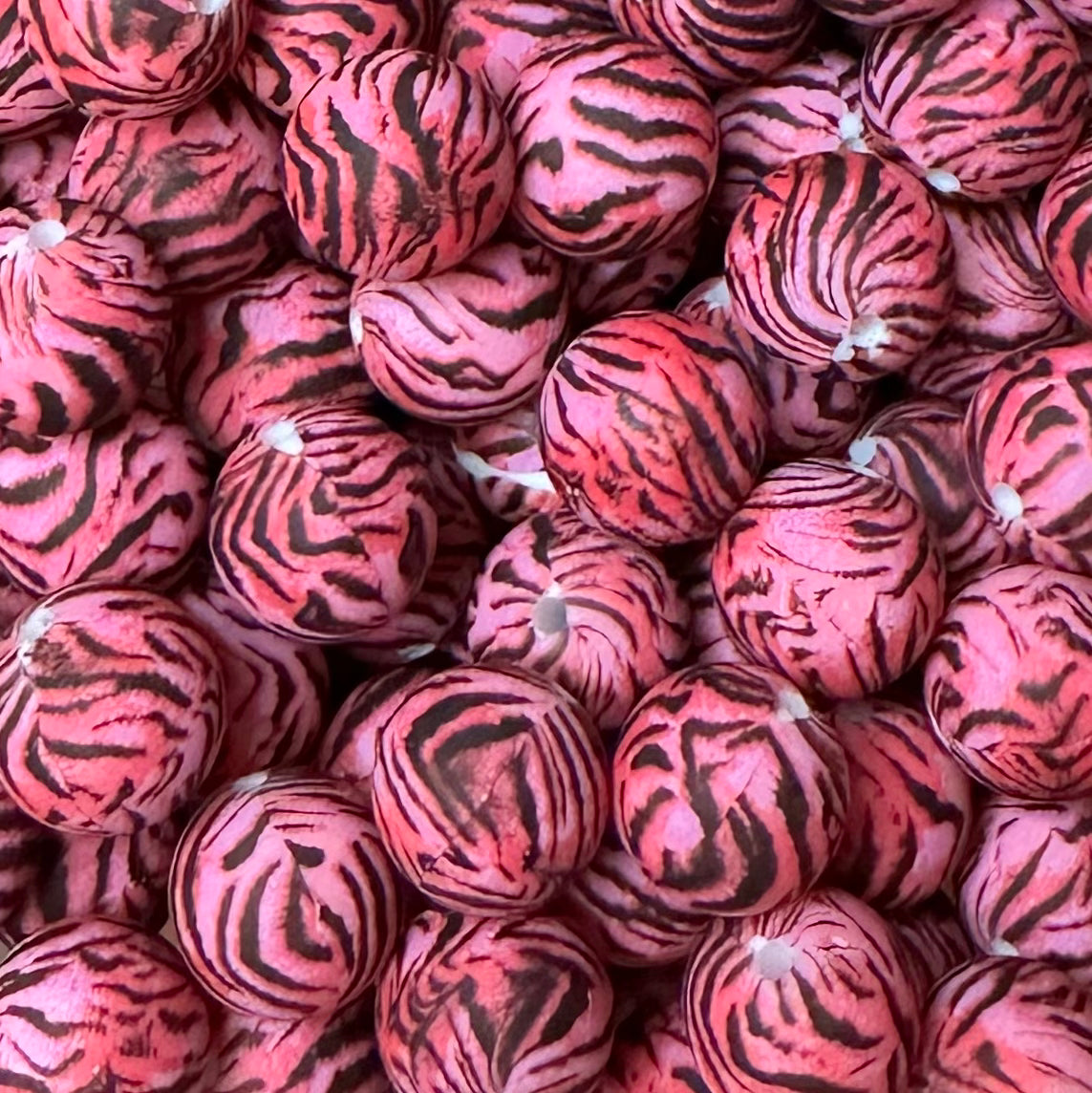 15 mm Printed Silicone Bead, Pink Zebra